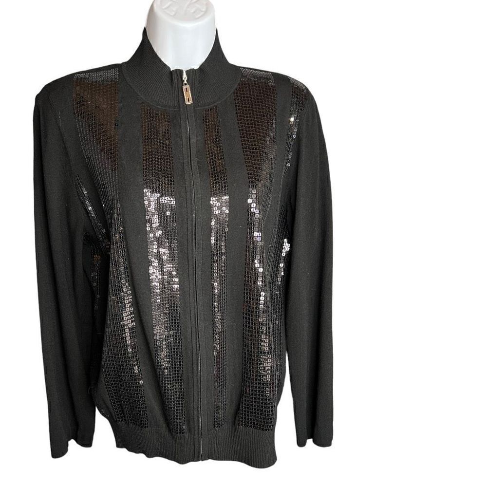 St. John Women's Mock Neck Long Sleeve Zip Up Sequined Sweater Black Size Medium